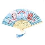 Abanico plegable de verano – Linda tela en forma de abanico – Abanico de mano plegable de bambú de estilo chino con lindos patrones de flecos plegable para bodas, fiestas de baile (azul)