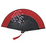 Gcroet 1PC JapóN Abanico Plegable Sakura Doblado del Ventilador De Bambú Ventilador Held Hilado A Mano De Seda Home Office Pared DIY DecoracióN Bailar Cosplay Puntales (Negro + Rojo)