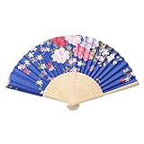 LIOOBO Abanico Plegable de Seda Abanico Moderno y Elegante Abanico de Baile con Marco de bambú Hecho a Mano Japonés/Chino Ventilador de Mano Estilo Vintage para Mujeres (White Rod Fan Azul Oscuro)