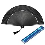 KAKOO abanicos de Mano Plegable Ventilador Negro Bonito Abanico Madera con Borla para Decoración Boda Detalles DIY Abanico (Negro) (Negro)