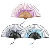 KATOOM Abanicos Plegables Portátiles 3PCS Abanico Madera con Borla Bambú Ventilador de Ciruelo Flor para Bailar Decoración de Pared Fiesta Ceremonias Regalos (Negro/Violeta/Azul)