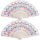 Yansion Bordado Lentejuelas Tela de Ventilador Mano Plegable Abanico de la Mano Elegante Colorido Pavo Real y patrón de Flor para Mujeres 2pcs. (Blanco)